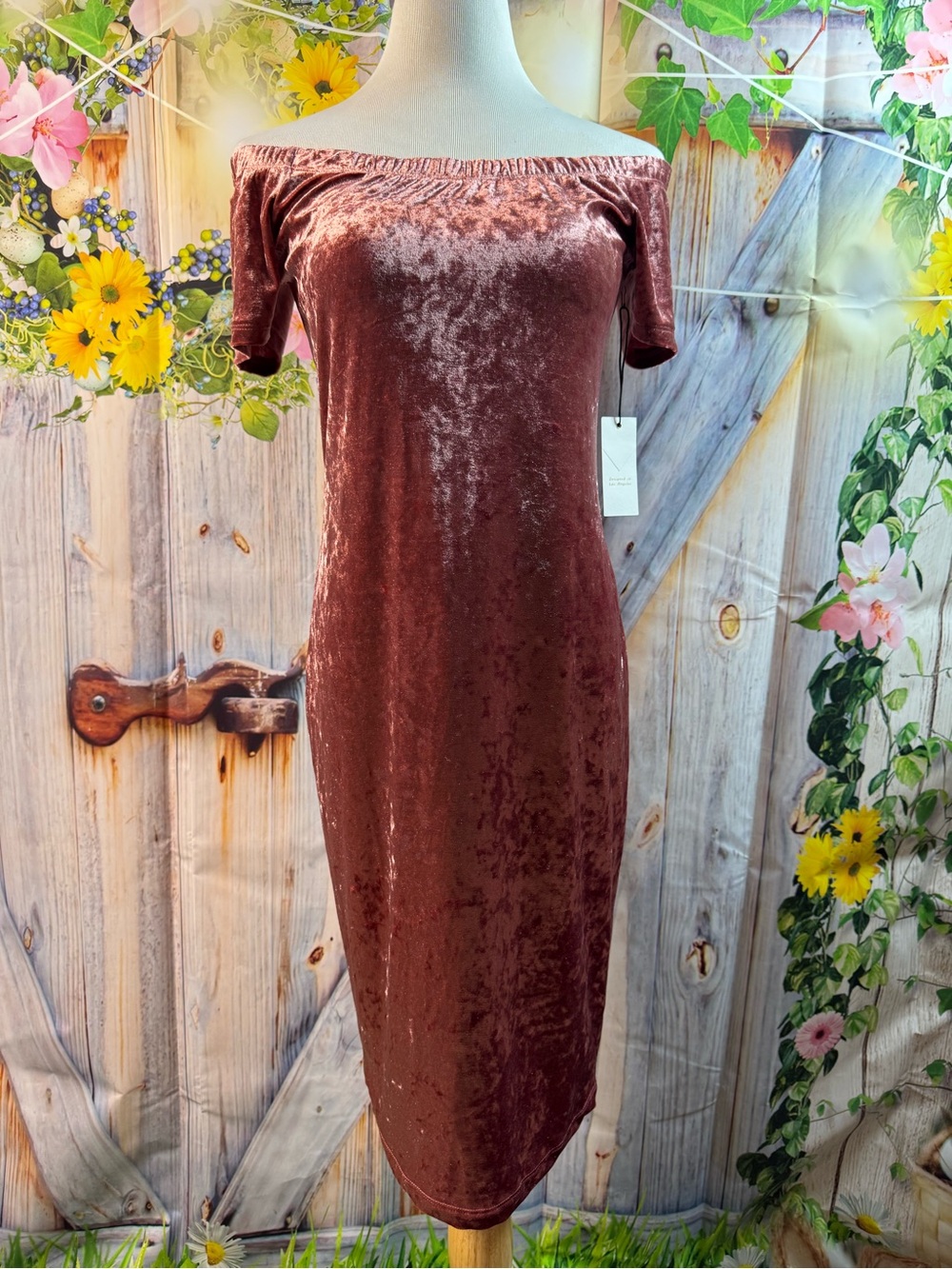 771-Active USA Off-Shoulder Crushed Velvet Midi Dress in Rust